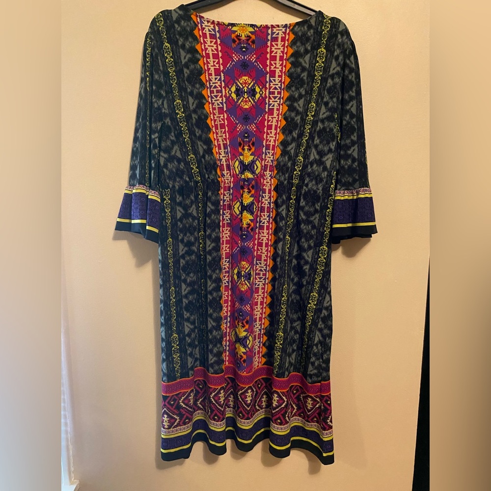 BEIGE eci Empire Waist Dress Retro Mod Bright Stretch 3/4 Sleeve Size Women’s 14